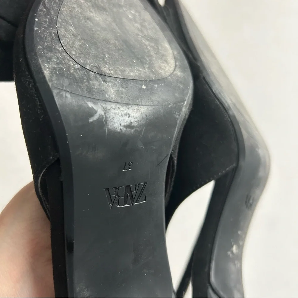 Zara Black Bow Pointed Toe Slingback Kitten Heels / Size 37 - Picture 6 of 9